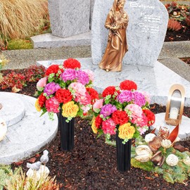 LaLamona Artificial Cemetery Flowers with Vases, Set of 2 Memorial Grave Flowers for Cemetery Headstones Graveside Decoration (Carnation)