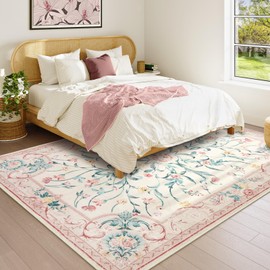 Morebes Washable Floral 5x7 Pink Rug for Bedroom Girls, Non Slip Cute Nursery Rug No Shedding, Soft Low Pile Carpet for Kid Playroom Living Room Dorm Indoor Home Decor (Pink 5'x7')