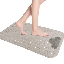 SPRING SEAON Bath and Shower Safety Mat 28" x 16" -Silicone Non-Slip Mat with Brush Massage,More Suction Cups,Drainage Holes -Foot Scrubber for Deep Cleaning,Fits Bathroom Stall & Tub Floor(Khaki)