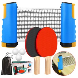 QMCZLA Red de Ping Pong, Raquetas y Pelotas Set, Juego portátil Tennis de Mesa Plegable para Adultos y Niños, con 2 Raquetas, 1 Red Retráctil, 3 Ping Pong y 1 Bolsa de Almacenamiento (Gris Azul)