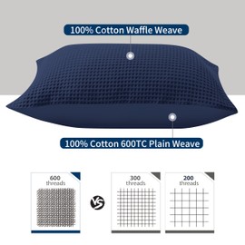 Waffle Weave Pillowcases Queen Size 2 Pack, 100% Egyptian Cotton 600 Thread Count, Ultra Soft Pillow Shams with Envelope Closure, Breathable Skin-Friendly Pillow Case, Navy Blue, 20x30 Inches