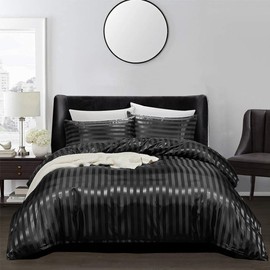 Satin Duvet Cover Sets with Elegant Beautiful Striped Pattern, Italian Style Luxury Silky Soft Black Satin Bedding Set Moisture-wicking 3 Piece Double Size Satin Duvet Cover Sheets for All Seasons