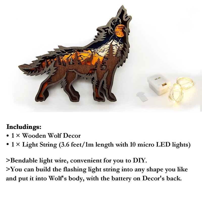 Zagxuade Wooden Wolf Decor with Light, Forest Animals Table Decor,