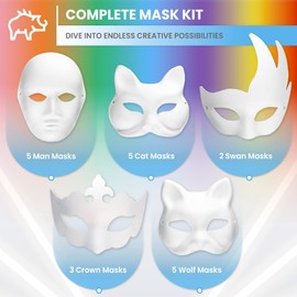 Wounded wild boar DIY Mask Making Kit – 20 Blank Masks (Cat, Wolf, Swan, Man, Crown) with 24 Acrylic Paints, Brushes, Feathers & Gem Stickers – Ideal for Kids & Adults, Arts & Crafts, Parties