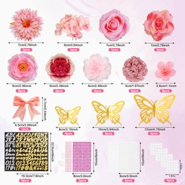 61 Pcs Graduation Cap Decorations Kits, Grad Cap Topper Decorations Included Faux Flowers 3D Butterfly Bow Rhinestones Alphabet Letter Stickers for Graduation Cap Topper DIY Craft Art Decor (Pink)