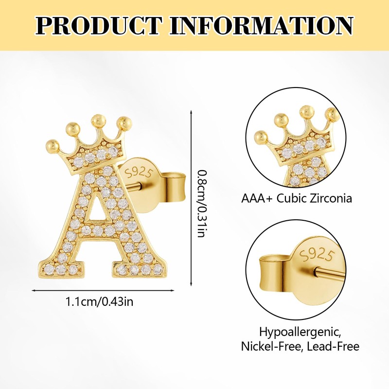 Crown Initial Stud Earrings for Girls, 14K Gold Plated S925