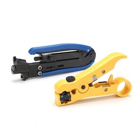 AIMALL 2PCS RG6 RG11 RG59 F Type Compression Coax Coaxial Cable Crimper Stripper Tool Kit, Adjustable Blade Depth, with Rotating Compass for Cable Insulation, Blue and Yellow