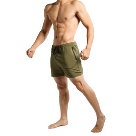 Tough mode Apparel - Pantalones cortos de entrenamiento para hombre, levantamiento de músculo, artes marciales mixtas, crossfit, gimnasio, correr, bolsillo con cierre, Verde ejército, Small