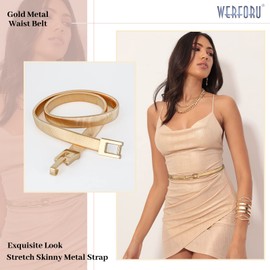 WERFORU Women Elastic Skinny Gold Belt Metal Thin Waist Belt For Dress Stretch Cinch Belt Gold