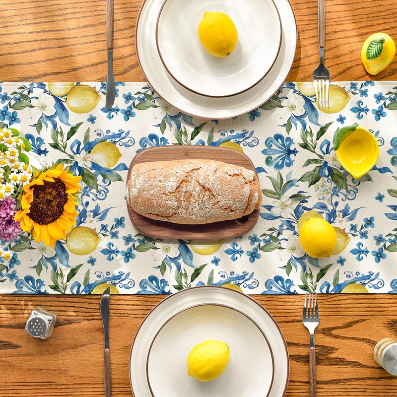 Artoid Mode Blue Lemon Iris Summer Table Runner, Seasonal Spring