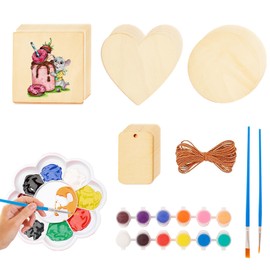 58Pcs Unfinished Blank Wood Slices, Pyrography Wood Blanks with Pigments/Paintbrush/5M Twine, 8 Sizes Unfinished Natural Wooden Pieces, Wooden Circles Square Hearts for Craft DIY Painting