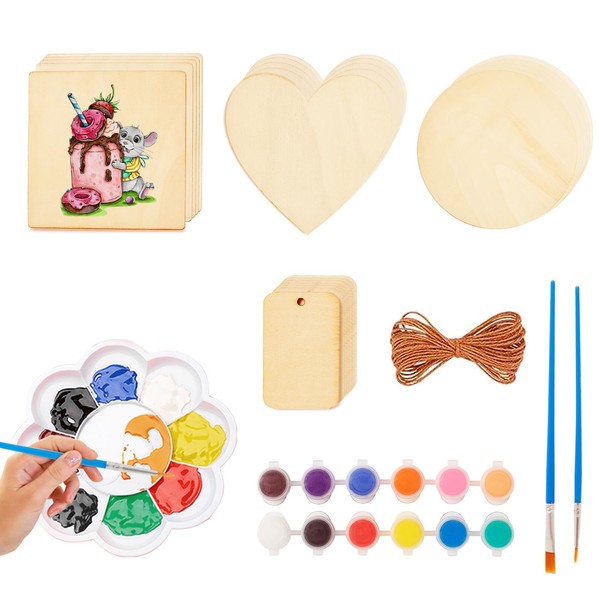 58Pcs Unfinished Blank Wood Slices, Pyrography Wood Blanks with Pigments/Paintbrush/5M