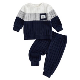 BeliBacca Toddler Baby Boy Fall Winter Warm Outfits Splicing Color Long Sleeve Sweatshirt Pullover Elastic Jogger Long Pants Set 2pcs Infant Boy Clothes Spring (Blue, 3-6 Months)