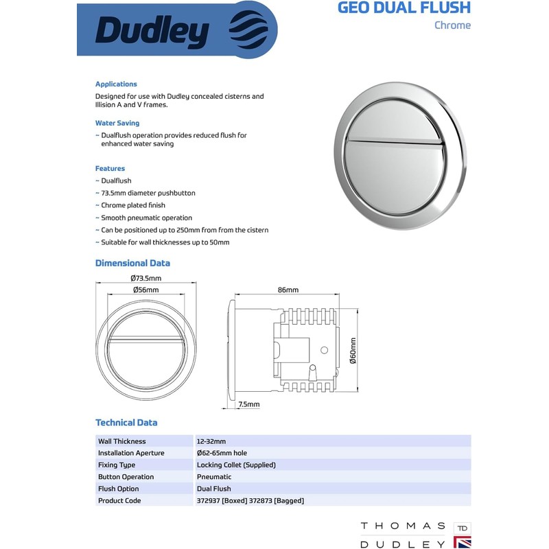 Taps2Traps Thomas Dudley Geo Dual Flush Button, Chrome Plated, 73.5mm
