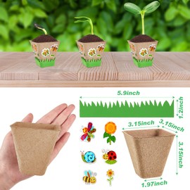 Gueevin 100 Pack Garden Paper Pot Craft Kit Flower Plant Spring Craft Including Peat Plant Pots Adhesive Foam Stickers Pot Stickers EVA Grass for Kids DIY Craft Flower Planting Growing, Square
