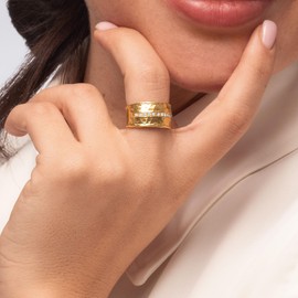 14K Gold Over Sterling Silver Statement Rings With 0.13 TCW Half Eternity Cubic Zirconia, Hammered Wide Band, Gold Rings, Gifts For Women, Aesthetic Jewelry, Rings For Women, Jewelry For Women Size 5