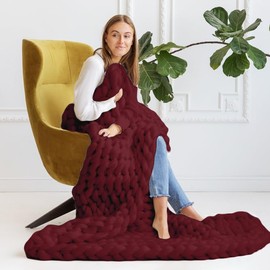 GOLD TEXTILES Chunky Knit Blanket (50 x 60 Inches) Warm Soft Cozy for Lounge Sofa & Bedroom, Handmade Knitted Yarn Throw Blanket (Red Wine, 1)