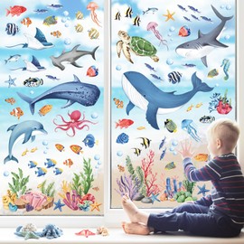 decalmile Under The Sea Fish Double Sided Window Clings Summer Ocean Animal Seaweed Whale Window Decals Anti-Collision Glass Window Doors Window Stickers