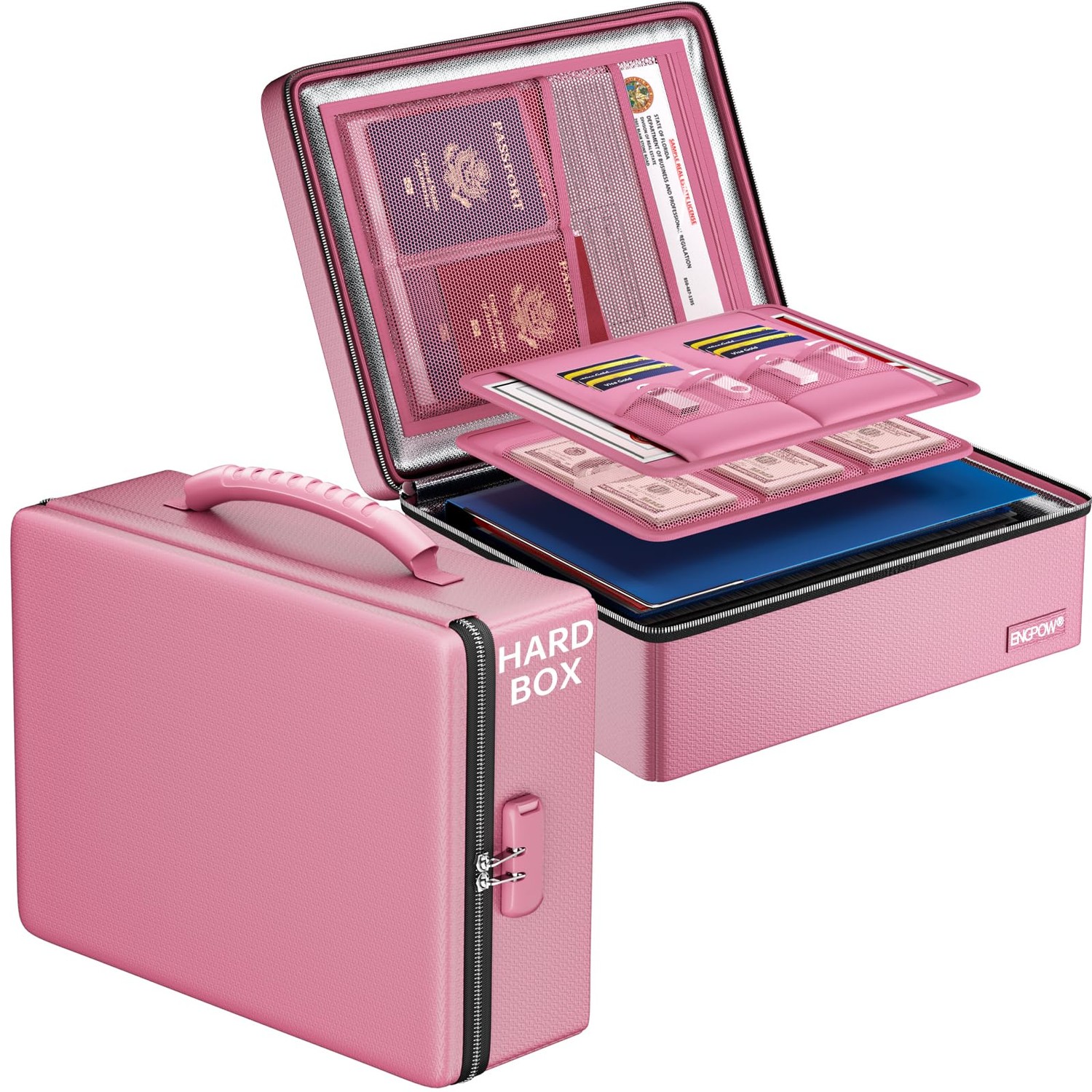 ENGPOW Fireproof Document Box, Hard Case File Box with Fireproof Zipper＆Lock, 6400°F Heat Insulated Fire and Water Resistant File Organizer Storage Safe for Important Documents Laptop Cash, Pink