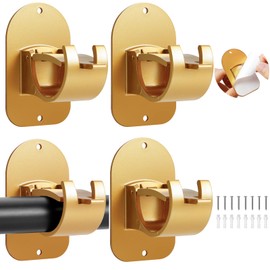 Cadorasty No Drill Curtain Rod Holder Hangers - Self Adhesive Curtain Rod Hook - Upgrade Large No Drilling Plastic Curtain Rod Brackets Renter Friendly Curtain Rod Hanger (4PCS Gold)