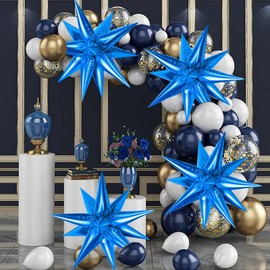 60 Pcs Star Foil Balloons Explosion 12 Point Cone Balloons Magic Starburst Balloons Large for Wedding Anniversary Backdrop Birthday Party Decorations (Blue)