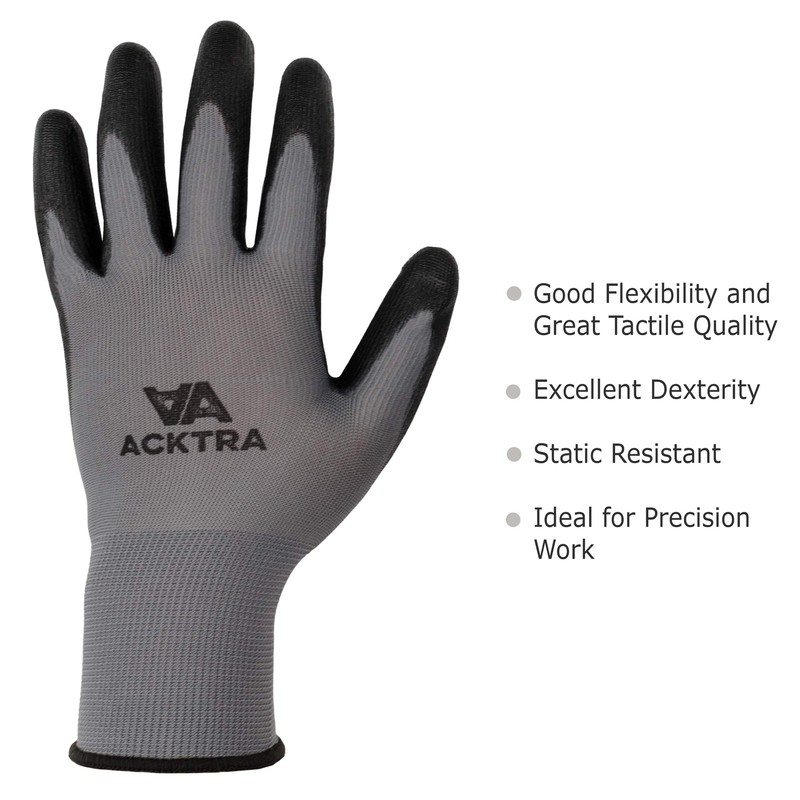 ACKTRA Ultra-Thin PU Safety WORK GLOVES 12 Pairs, WG002 Grey/Black,