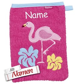 Children's Flamingo Wash Mitt Embroidered with Name, Baby Toddler Wash Cloth for Bathing, Gift for Birth, Christening, Easter, Santa Claus