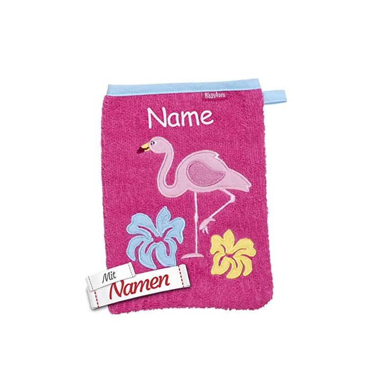 Children's Flamingo Wash Mitt Embroidered with Name, Baby Toddler Wash