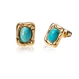 Turquoise Earrings for Women – Western Green Earrings with Genuine Turquoise Stone & Gold Border, Square Boho Birthstone Jewelry for Gift