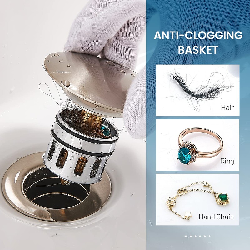 Vessel Sink Drain for Bathroom, Pop-up Drain With Detachable Basket