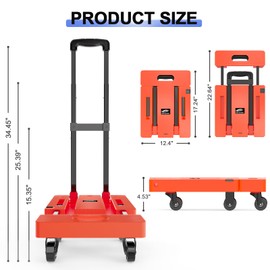 SOLEJAZZ Folding Hand Truck Portable Dolly Cart with Wheels Foldable 500LB Heavy Duty Luggage Cart Collapsible Hand Cart Moving Dolly for Airport Travel Furniture Luggage Office Moving, Orange