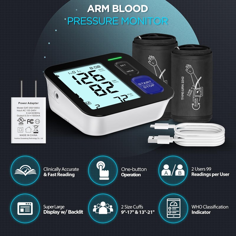 Upper Arm Blood Pressure Machine - 2 Size Cuffs, Medium/Large