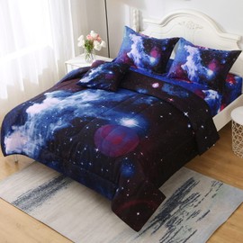 Keyroal 6Pcs Galaxy Comforter Set with Sheets for Kids Boys Girls Teens, Outer Space Themed Bed in a Bag Full Size, Dark Blue 3D Printed Bedroom Decor Bedding Set