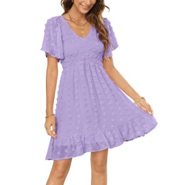 Zattcas Womens 2024 Spring Summer Beach Boho Swiss Dot Smocked Dress Short Sleeve Mini Graduation Bridal Shower Maternity Wedding Guest Dress Lavender L