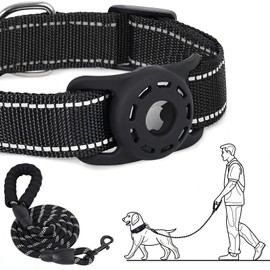 Airtag Dog Collar and Leash Set,Adjustable Dog Collar with Airtag Holder,Soft Padded Handle,Reflective,Nylon,Leash and Collar Set for Medium Large Dogs,Black,M