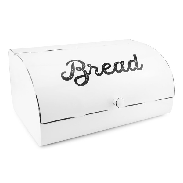 AuldHome White Bread Box; Farmhouse Vintage Enamelware Countertop Bread Bin