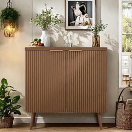 FONTOI Buffet Cabinet, Sideboard Fluted Cabinet Modern Kitchen Buffet Storage Cabinets with Doors and Shelves, Wood Farmhouse Coffee Bar Station for Entryway & Dining Room & Living Room, Walnut