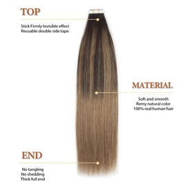 Lovrio 16" 20pcs 50g Remy Human Balayage Hair Tape in Hair Extensions Dark Brown Fading to Chestnut Brown Seamless Skin Weft Invisible Sided Tapes