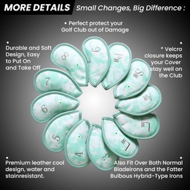 Golf Club Covers Iron Value 12 Pack Stylish Synthetic Leather Headcover, Embroidery Numbers Head Covers Universal Protector Fit Main Iron Wedge Clubs, Accessories Travel for Men Women (Green)