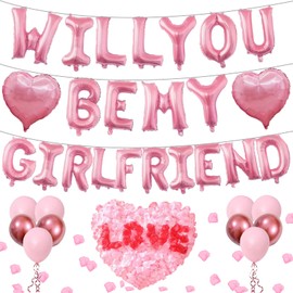 Pink 16" Will You Be My Girlfriend Balloons Letters - 18" Heart Balloons Alphabet Foil Mylar Balloons with 1200 Pcs Artificial Rose Petals for Valentines Day Decorations