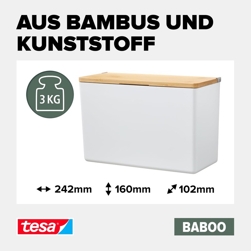 tesa® Baboo XL Bathroom Organiser with Bamboo Lid, Matt White,