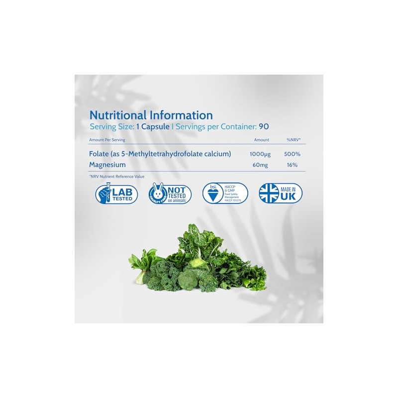 5-MTHF Methylfolate 1000mcg, 90 Capsules, 3 Month Supply, Active Folic