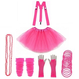 Lizzy 6Pc Neon Costume (Leg Warmers + Fishnet Gloves + 3Layer Tutu + Braces + Beads Necklace + Gummy Bracelet) Set | 80s Neon Teen Fancy Dress Dance ware Hen Party Accessory (Neon Pink, Older Girls)