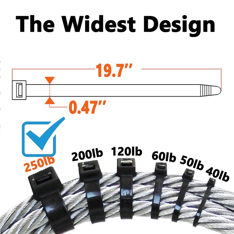 Black Zip Ties Heavy Duty 20 Inch Outdoor, 250lb Extra