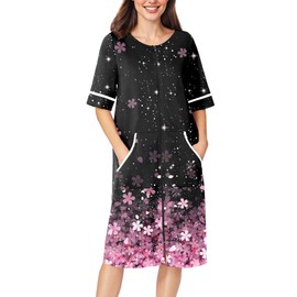 Ekouaer Women Zipper Robe Short Sleeve Duster Housecoat Short Bathrobes Zip Front Nightgown with Pockets S-3XL, Cherry Blossoms, Large