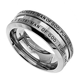 Spirit & Truth Solid Stainless Steel Christian Man of God Ring 1 Timothy 6:6-16, Guy's Purity Ring with Comfort Fit Interior Strong Masculine Appearance, Metal