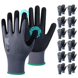 JDL Safety Work Gloves MicroFoam Nitrile Coated 12 Pairs, Seamless Knit Nylon Gloves with Touchscreen Fingers, Non-slip Working Gloves for Women Men, Ideal for Gardening, General Purpose, Grey, Large
