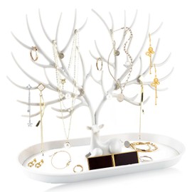 Pumuky Antler Ornament Display Rack, Jewellery Tree, Plastic Jewellery Stand, Decorative Jewellery Tree with Jewellery Tray, Jewellery Stand for Earrings, for Necklaces, Watches, Bracelets (White)
