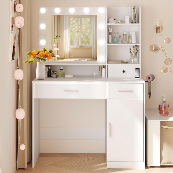 DUMOS Vanity with Mirror and Lights, Makeup Vanity Desk with