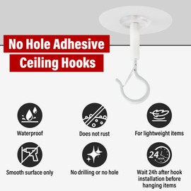 DOVORSY No Hole Adhesive Ceiling Hooks for Hanging Plants,No Drill Sticky Eye Hooks for Hanging Boby Mobile Curtain,Lights, Lanterns,Wind Chimes(White,4Psc)
